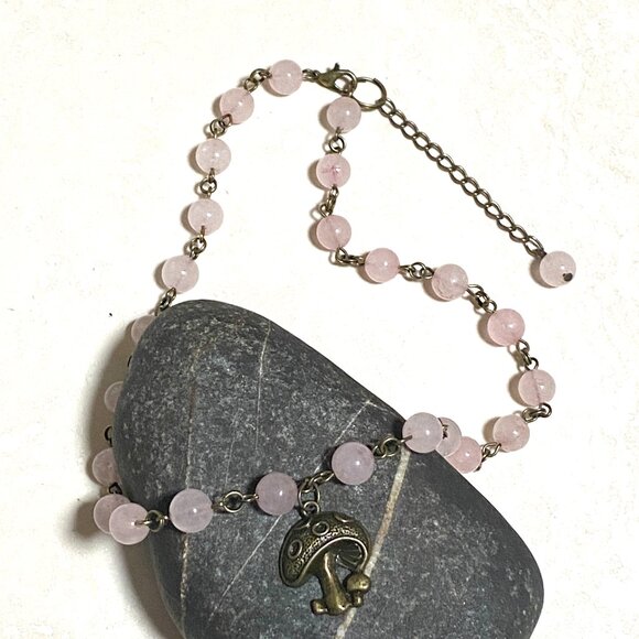 Natural Pink Rose Quartz Necklace, Bronze Round Mushroom+Genuine Gemstone Choker - Picture 4 of 14